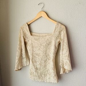 Y2K Lace Bell Sleeve Cream Hippie Square Neck Whimsygoth Vintage Top Blouse XS